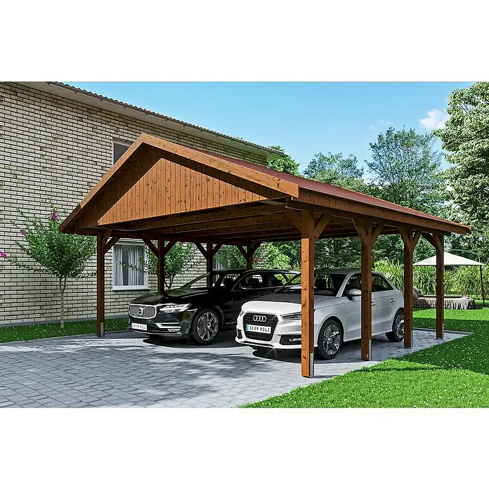 Skan Holz Doppelcarport Wallgau - L x B: 600 x 620 cm, Einfahrtshöhe: 215 cm, Nussbaum, Rote Bitumenschindeln - Anwendungsbeispiel