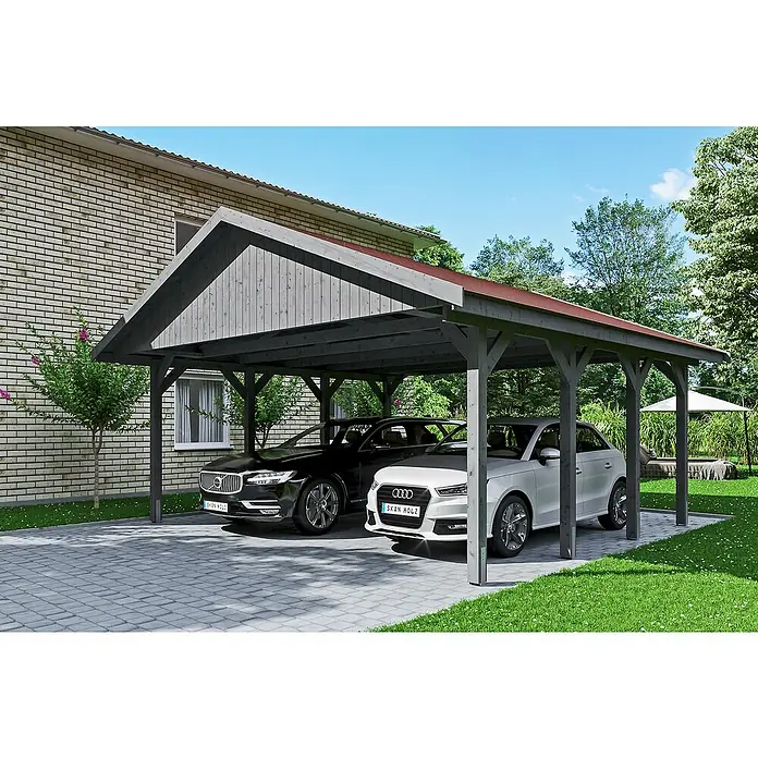 Skan Holz Doppelcarport Wallgau - L x B: 600 x 620 cm, Einfahrtshöhe: 215 cm, Schiefergrau - Anwendungsbeispiel