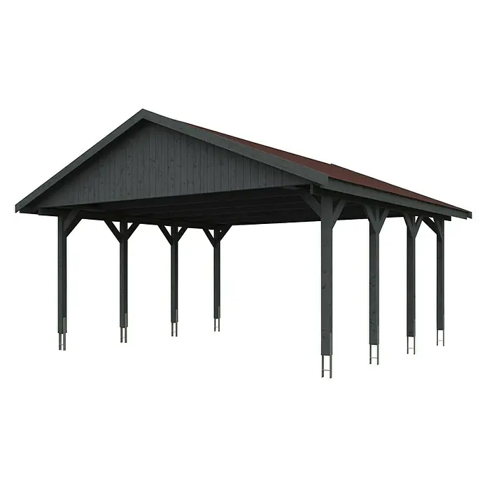 Skan Holz Doppelcarport Wallgau - L x B: 600 x 620 cm, Einfahrtshöhe: 215 cm, Schiefergrau - Diagonale Ansicht
