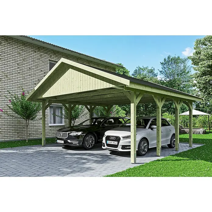 Skan Holz Carport Wallgau - L x B: 600 x 620 cm, Einfahrtshöhe: 215 cm, Farbe Dach: Schwarz - Anwendungsbeispiel