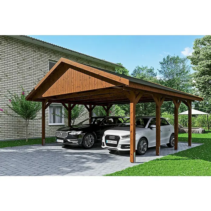 Skan Holz Doppelcarport Wallgau - L x B: 600 x 620 cm, Einfahrtshöhe: 215 cm, Nussbaum - Anwendungsbeispiel