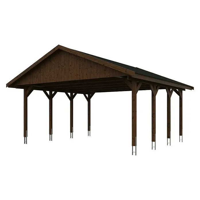 Skan Holz Doppelcarport Wallgau - L x B: 600 x 620 cm, Einfahrtshöhe: 215 cm, Nussbaum - Diagonale Ansicht