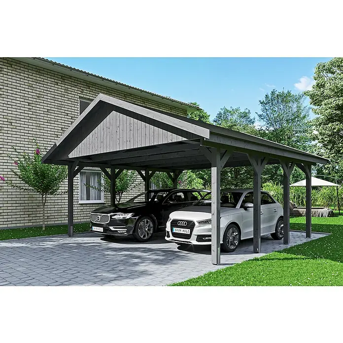 Skan Holz Doppelcarport Wallgau - L x B: 600 x 620 cm, Einfahrtshöhe: 215 cm, Schiefergrau, Schwarze Bitumenschindeln - Anwendungsbeispiel