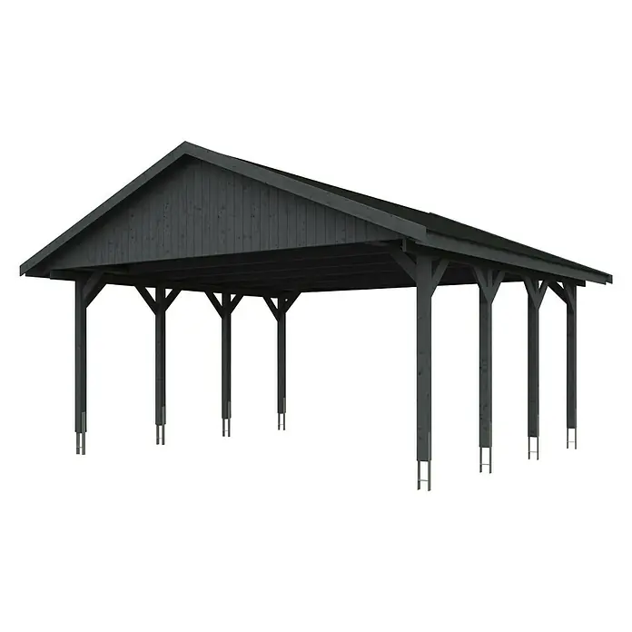 Skan Holz Doppelcarport Wallgau - L x B: 600 x 620 cm, Einfahrtshöhe: 215 cm, Schiefergrau, Schwarze Bitumenschindeln - Diagonale Ansicht