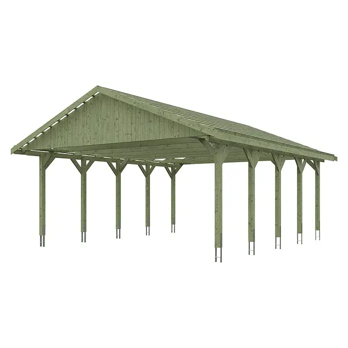 Skan Holz Doppelcarport Wallgau - L x B: 750 x 620 cm, Einfahrtshöhe: 215 cm, Grün, Dachlatten zur Eindeckung mit Dachziegeln - Diagonale Ansicht
