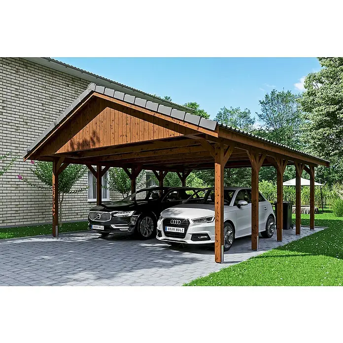 Skan Holz Doppelcarport Wallgau - L x B: 750 x 620 cm, Einfahrtshöhe: 215 cm, Nussbaum, Dachlatten zur Eindeckung mit Dachziegeln - Anwendungsbeispiel