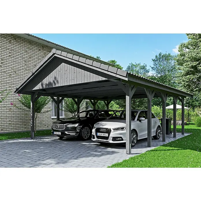 Skan Holz Doppelcarport Wallgau - L x B: 750 x 620 cm, Einfahrtshöhe: 215 cm, Schiefergrau, Dachlatten zur Eindeckung mit Dachziegeln - Anwendungsbeispiel