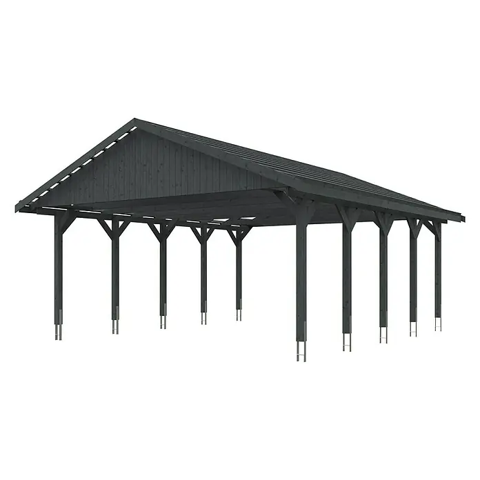 Skan Holz Doppelcarport Wallgau - L x B: 750 x 620 cm, Einfahrtshöhe: 215 cm, Schiefergrau, Dachlatten zur Eindeckung mit Dachziegeln - Diagonale Ansicht