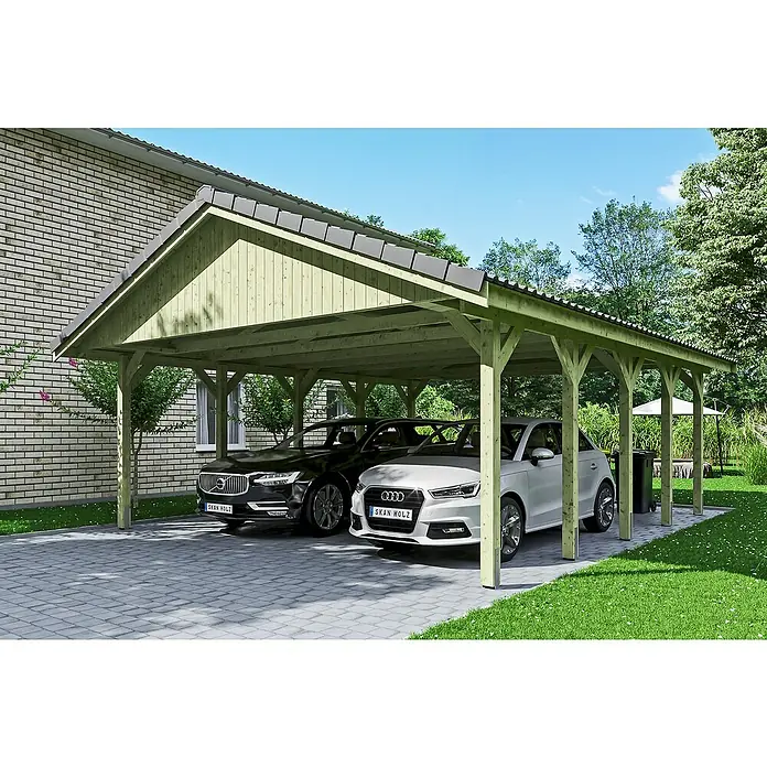 Skan Holz Doppelcarport Wallgau - L x B: 750 x 620 cm, Einfahrtshöhe: 215 cm, Grün, Dachlatten zur Eindeckung mit Dachziegeln - Anwendungsbeispiel