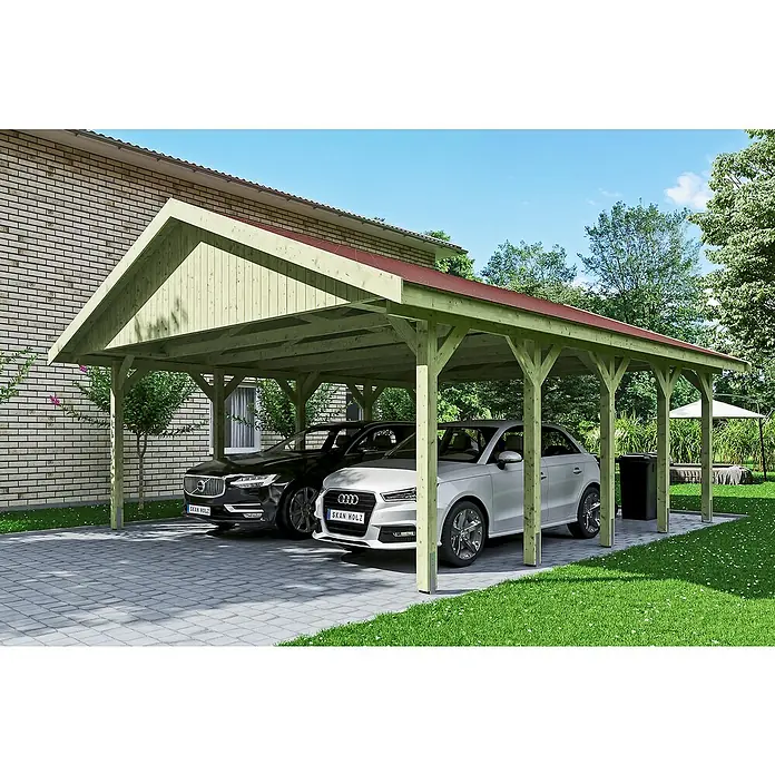 Skan Holz Doppelcarport Wallgau - L x B: 750 x 620 cm, Einfahrtshöhe: 215 cm, Farbe Dach: Rot - Anwendungsbeispiel