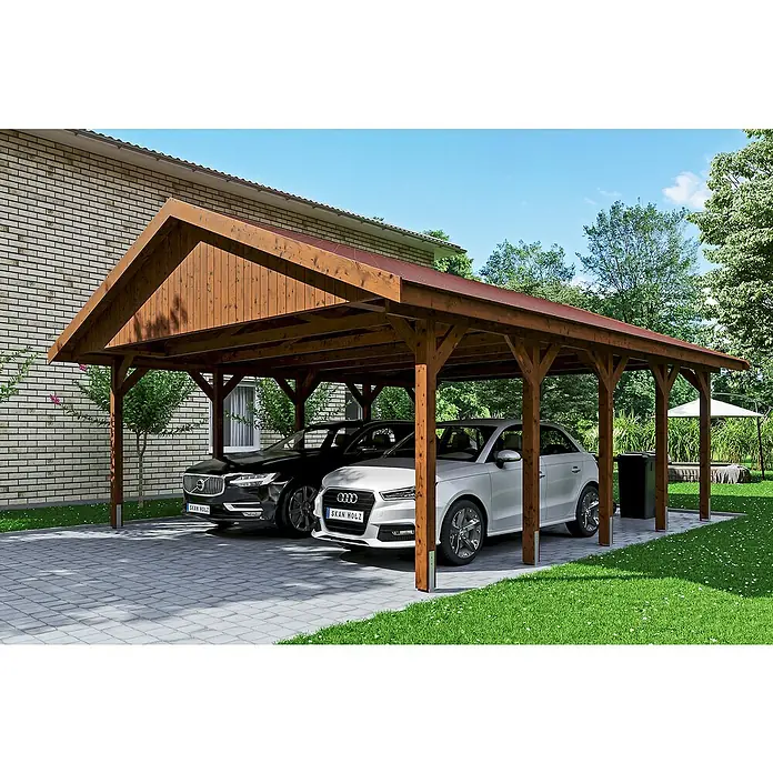 Skan Holz Doppelcarport Wallgau - L x B: 750 x 620 cm, Einfahrtshöhe: 215 cm, Nussbaum, Rote Bitumenschindeln - Anwendungsbeispiel