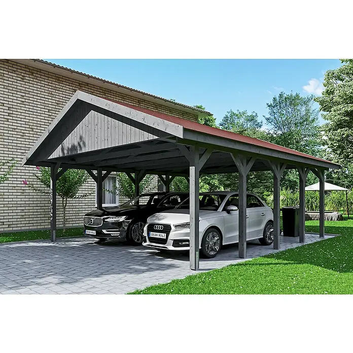 Skan Holz Doppelcarport Wallgau - L x B: 750 x 620 cm, Einfahrtshöhe: 215 cm, Schiefergrau - Anwendungsbeispiel