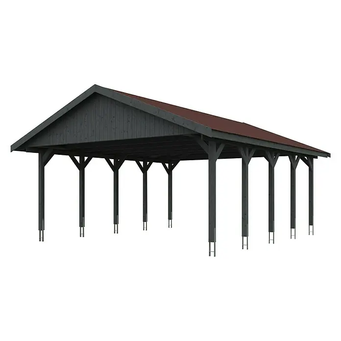 Skan Holz Doppelcarport Wallgau - L x B: 750 x 620 cm, Einfahrtshöhe: 215 cm, Schiefergrau - Diagonale Ansicht