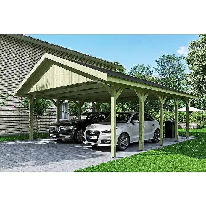 Skan Holz Doppelcarport Wallgau - L x B: 750 x 620 cm, Einfahrtshöhe: 215 cm, Farbe Dach: Schwarz - Anwendungsbeispiel