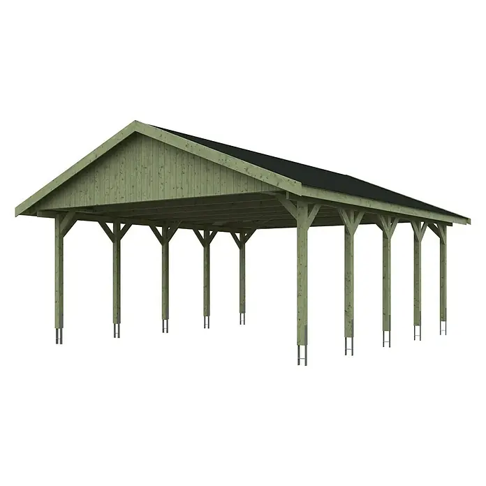 Skan Holz Doppelcarport Wallgau - L x B: 750 x 620 cm, Einfahrtshöhe: 215 cm, Farbe Dach: Schwarz - Diagonale Ansicht