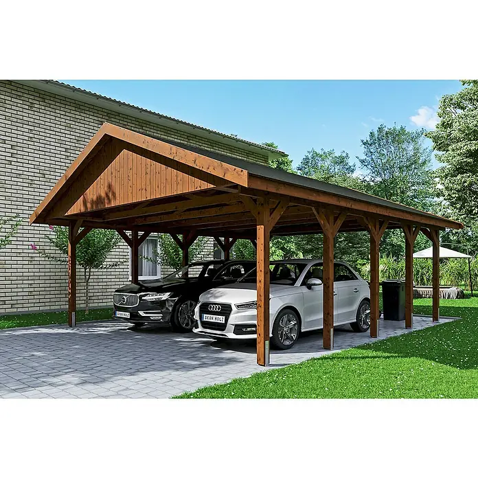 Skan Holz Doppelcarport Wallgau - L x B: 750 x 620 cm, Einfahrtshöhe: 215 cm, Nussbaum - Anwendungsbeispiel