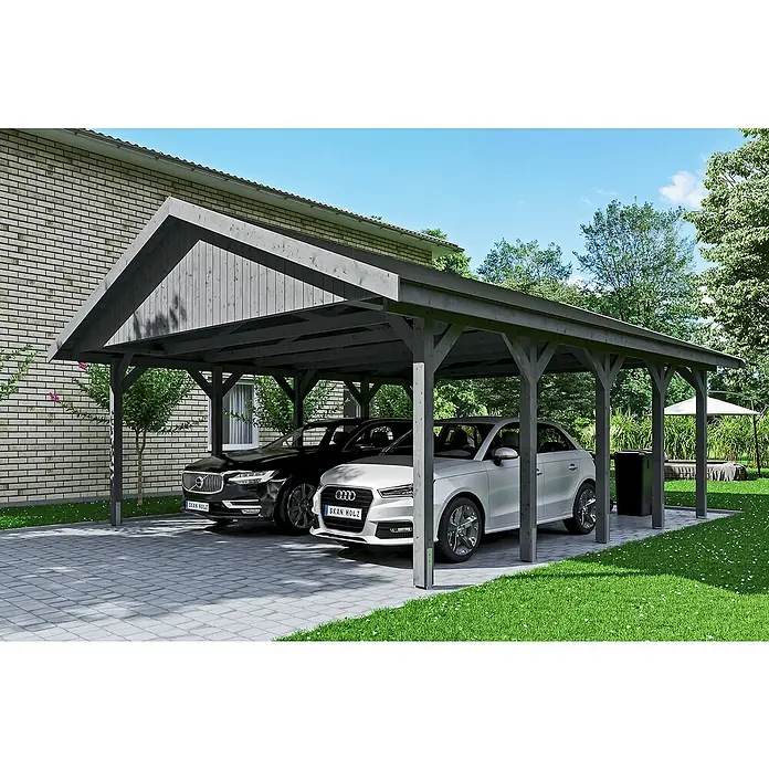 Skan Holz Doppelcarport Wallgau - L x B: 750 x 620 cm, Einfahrtshöhe: 215 cm, Schiefergrau, Schwarze Bitumenschindeln - Anwendungsbeispiel