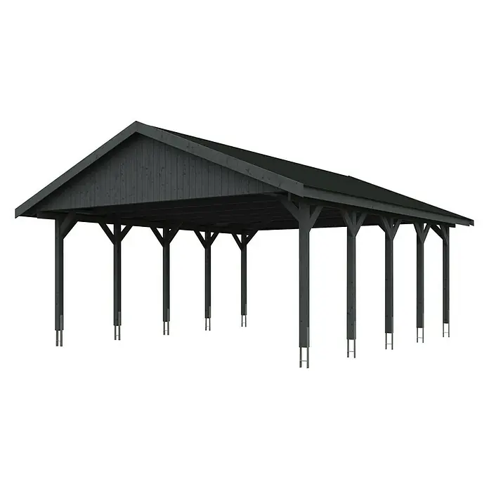 Skan Holz Doppelcarport Wallgau - L x B: 750 x 620 cm, Einfahrtshöhe: 215 cm, Schiefergrau, Schwarze Bitumenschindeln - Diagonale Ansicht