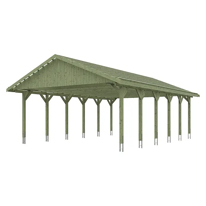 Skan Holz Doppelcarport Wallgau - L x B: 900 x 620 cm, Einfahrtshöhe: 215 cm, Grün, Dachlatten zur Eindeckung mit Dachziegeln - Diagonale Ansicht