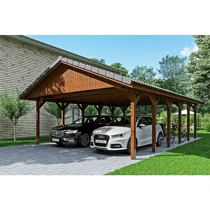 Skan Holz Doppelcarport Wallgau - L x B: 900 x 620 cm, Einfahrtshöhe: 215 cm, Nussbaum, Dachlatten zur Eindeckung mit Dachziegeln - Anwendungsbeispiel