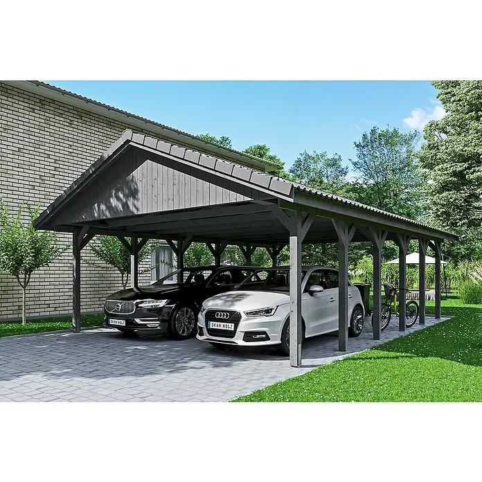 Skan Holz Doppelcarport Wallgau - L x B: 900 x 620 cm, Einfahrtshöhe: 215 cm, Schiefergrau, Dachlatten zur Eindeckung mit Dachziegeln - Anwendungsbeispiel