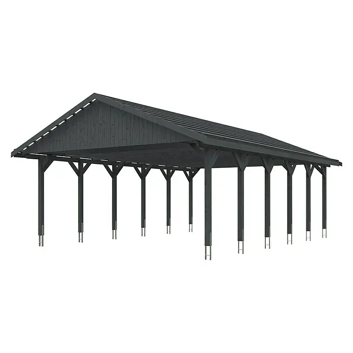Skan Holz Doppelcarport Wallgau - L x B: 900 x 620 cm, Einfahrtshöhe: 215 cm, Schiefergrau, Dachlatten zur Eindeckung mit Dachziegeln - Diagonale Ansicht
