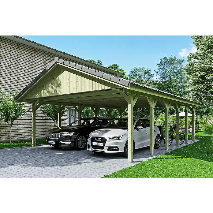 Skan Holz Doppelcarport Wallgau - L x B: 900 x 620 cm, Einfahrtshöhe: 215 cm, Grün, Dachlatten zur Eindeckung mit Dachziegeln - Anwendungsbeispiel