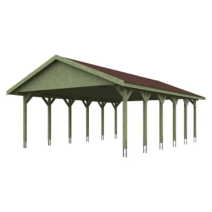 Skan Holz Doppelcarport Wallgau - L x B: 900 x 620 cm, Einfahrtshöhe: 215 cm, Farbe Dach: Rot - Diagonale Ansicht