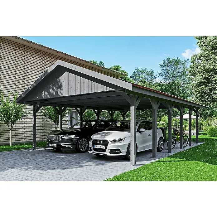 Skan Holz Doppelcarport Wallgau - L x B: 900 x 620 cm, Einfahrtshöhe: 215 cm, Schiefergrau - Anwendungsbeispiel