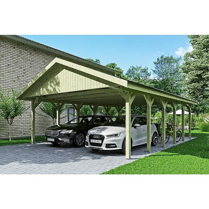 Skan Holz Doppelcarport Wallgau - L x B: 900 x 620 cm, Einfahrtshöhe: 215 cm, Farbe Dach: Schwarz - Anwendungsbeispiel
