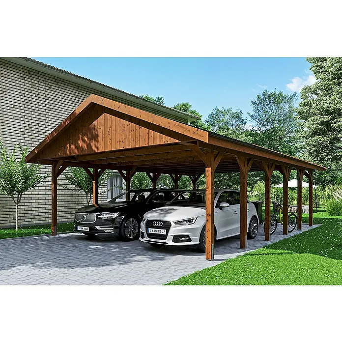 Skan Holz Doppelcarport Wallgau - L x B: 900 x 620 cm, Einfahrtshöhe: 215 cm, Nussbaum, Schwarze Bitumenschindeln - Anwendungsbeispiel