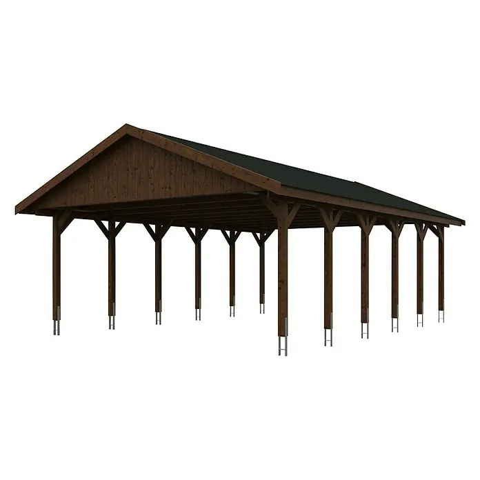 Skan Holz Doppelcarport Wallgau - L x B: 900 x 620 cm, Einfahrtshöhe: 215 cm, Nussbaum, Schwarze Bitumenschindeln - Diagonale Ansicht