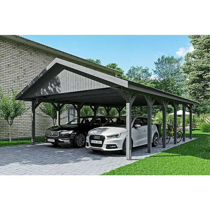 Skan Holz Doppelcarport Wallgau - L x B: 900 x 620 cm, Einfahrtshöhe: 215 cm, Schiefergrau, Schwarze Bitumenschindeln - Anwendungsbeispiel