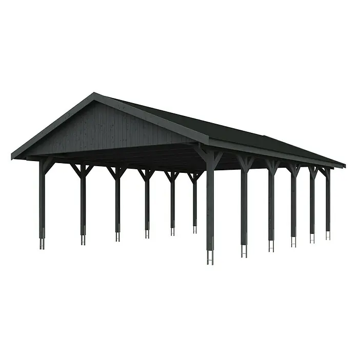 Skan Holz Doppelcarport Wallgau - L x B: 900 x 620 cm, Einfahrtshöhe: 215 cm, Schiefergrau, Schwarze Bitumenschindeln - Diagonale Ansicht