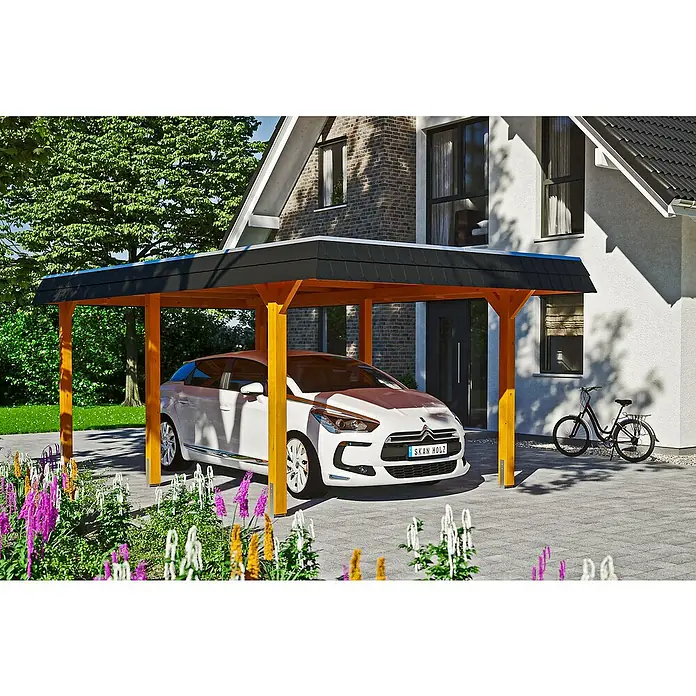 Skan Holz Carport Wendland - L x B: 628 x 362 cm, Einfahrtshöhe: 206 cm, Eiche Hell, Aluminium-Dachplatten - Anwendungsbeispiel