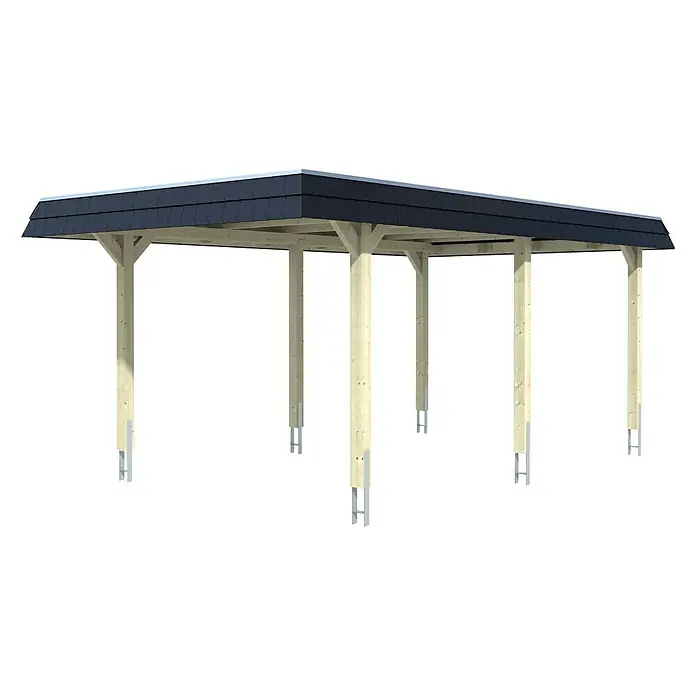 Skan Holz Carport Wendland - L x B: 628 x 362 cm, Einfahrtshöhe: 206 cm, Eiche Hell, Aluminium-Dachplatten - Diagonale Ansicht