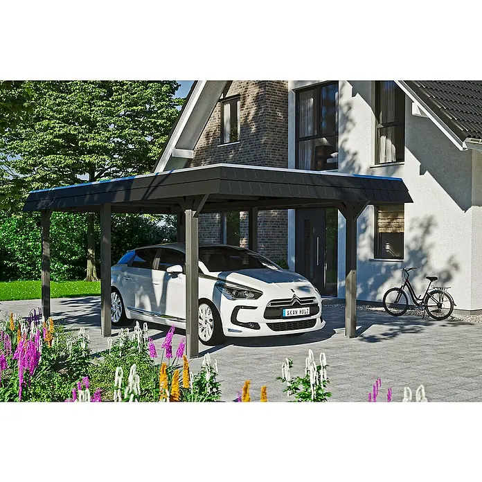Skan Holz Carport Wendland - L x B: 628 x 362 cm, Einfahrtshöhe: 206 cm, Schiefergrau/Schwarz, Aluminium-Dachplatten - Anwendungsbeispiel