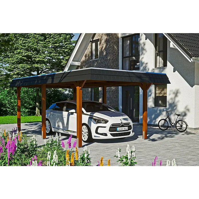 Skan Holz Carport Wendland - L x B: 628 x 362 cm, Einfahrtshöhe: 206 cm, Nussbaum, Aluminium-Dachplatten - Anwendungsbeispiel