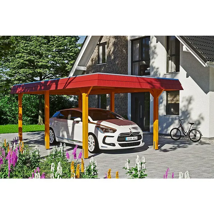 Skan Holz Carport Wendland - L x B: 628 x 362 cm, Einfahrtshöhe: 206 cm, Eiche hell/Rot, Dachschalung mit EPDM-Folie - Anwendungsbeispiel