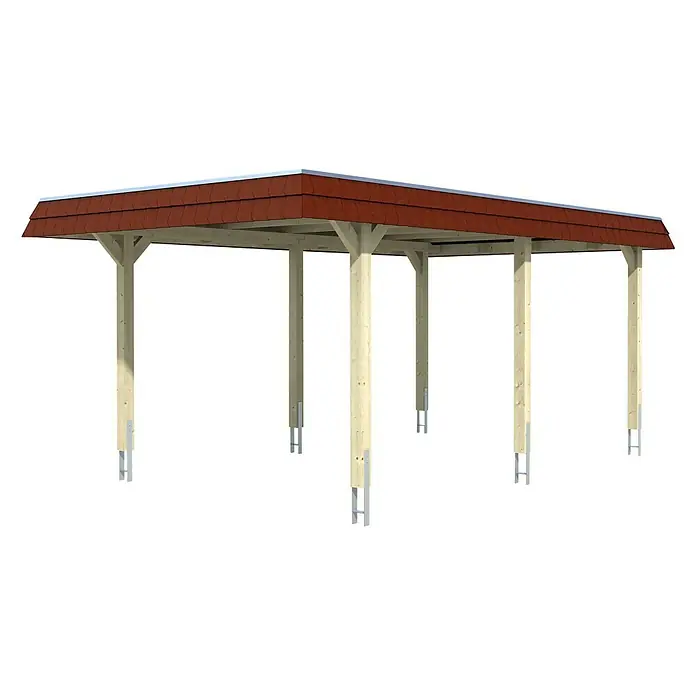 Skan Holz Carport Wendland - L x B: 628 x 362 cm, Einfahrtshöhe: 206 cm, Eiche hell/Rot, Dachschalung mit EPDM-Folie - Diagonale Ansicht