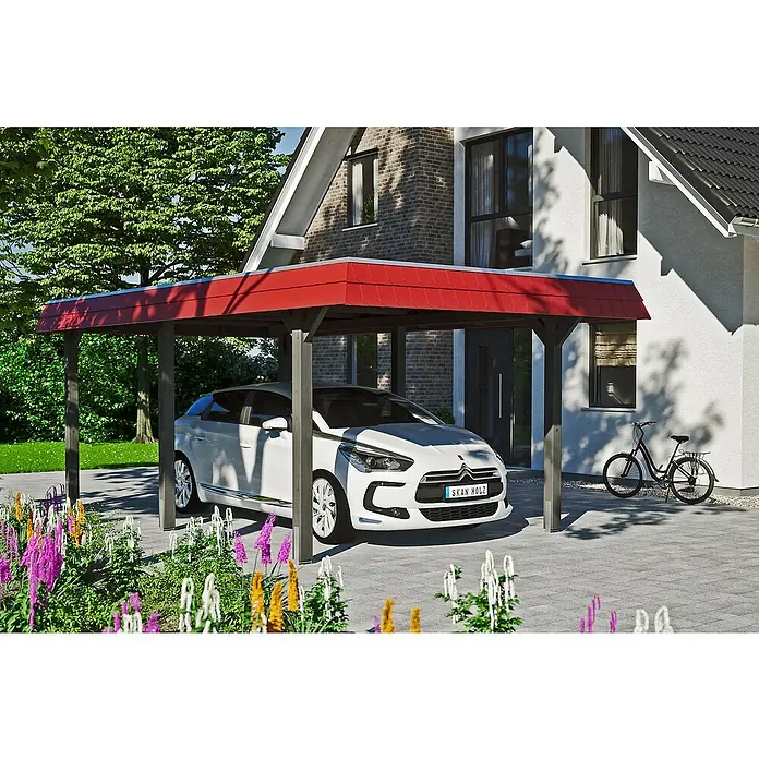 Skan Holz Carport Wendland - L x B: 628 x 362 cm, Einfahrtshöhe: 206 cm, Schiefergrau/Rot, Aluminium-Dachplatten - Anwendungsbeispiel