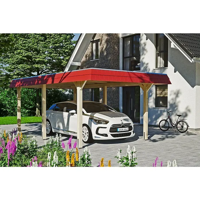 Skan Holz Carport Wendland - L x B: 628 x 362 cm, Einfahrtshöhe: 206 cm, Natur, Aluminium-Dachplatten - Anwendungsbeispiel