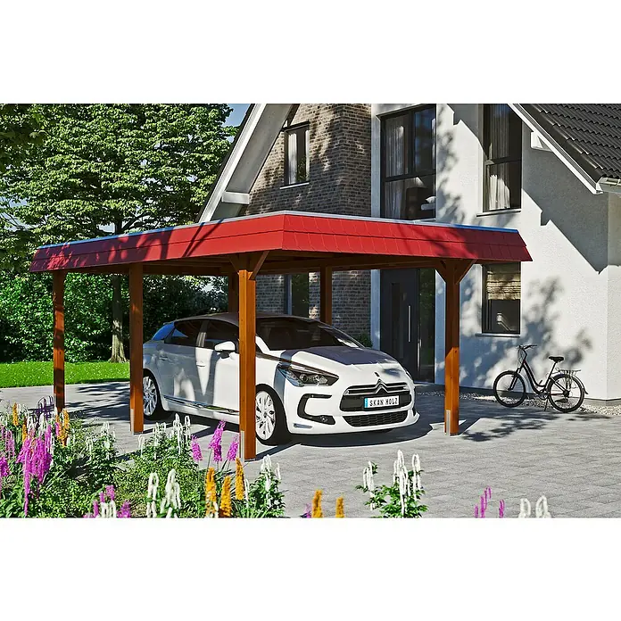 Skan Holz Carport Wendland - L x B: 628 x 362 cm, Einfahrtshöhe: 206 cm, Nussbaum/Rot, Aluminium-Dachplatten - Anwendungsbeispiel
