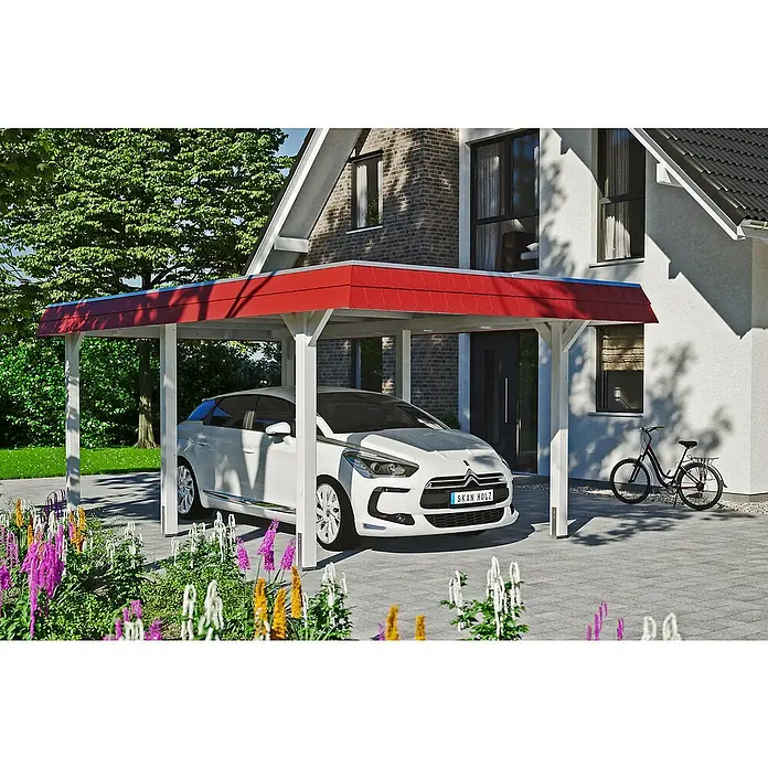 Skan Holz Carport Wendland - L x B: 628 x 362 cm, Einfahrtshöhe: 206 cm, Weiß/Rot, Aluminium-Dachplatten - Anwendungsbeispiel