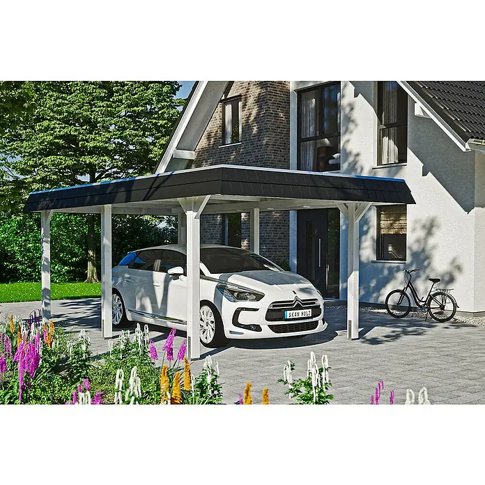 Skan Holz Carport Wendland - L x B: 628 x 362 cm, Einfahrtshöhe: 206 cm, Weiß, Aluminium-Dachplatten - Anwendungsbeispiel