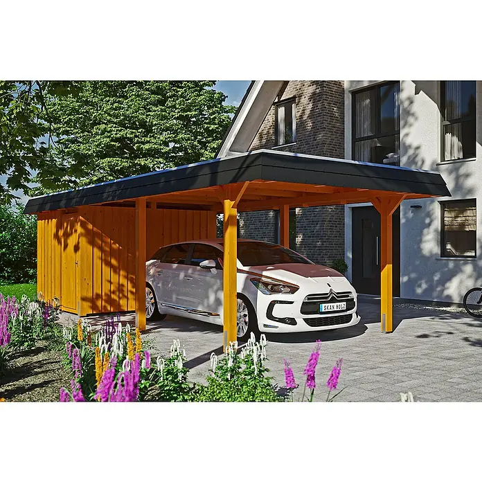 Skan Holz Carport Wendland - L x B: 870 x 362 cm, Einfahrtshöhe: 206 cm, Eiche hell/Schwarz, Materialspezifizierung Dach: Aluminium - Anwendungsbeispiel