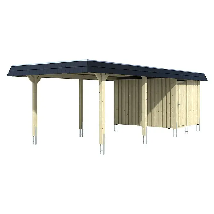 Skan Holz Carport Wendland - L x B: 870 x 362 cm, Einfahrtshöhe: 206 cm, Eiche hell/Schwarz, Materialspezifizierung Dach: Aluminium - Diagonale Ansicht