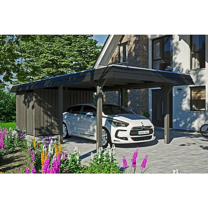 Skan Holz Carport Wendland - L x B: 870 x 362 cm, Einfahrtshöhe: 206 cm, Schiefergrau/Schwarz, Materialspezifizierung Dach: EPDM-Folie - Anwendungsbeispiel