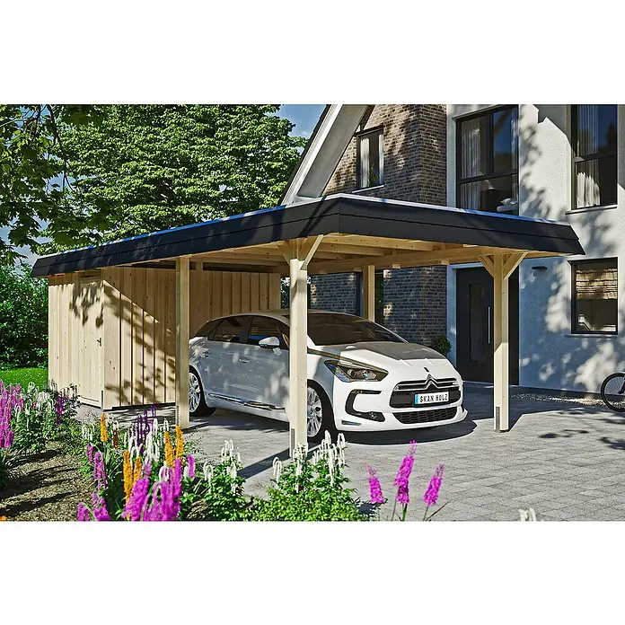 Skan Holz Carport Wendland - L x B: 870 x 362 cm, Einfahrtshöhe: 206 cm, Natur/Schwarz, Materialspezifizierung Dach: Aluminium - Anwendungsbeispiel