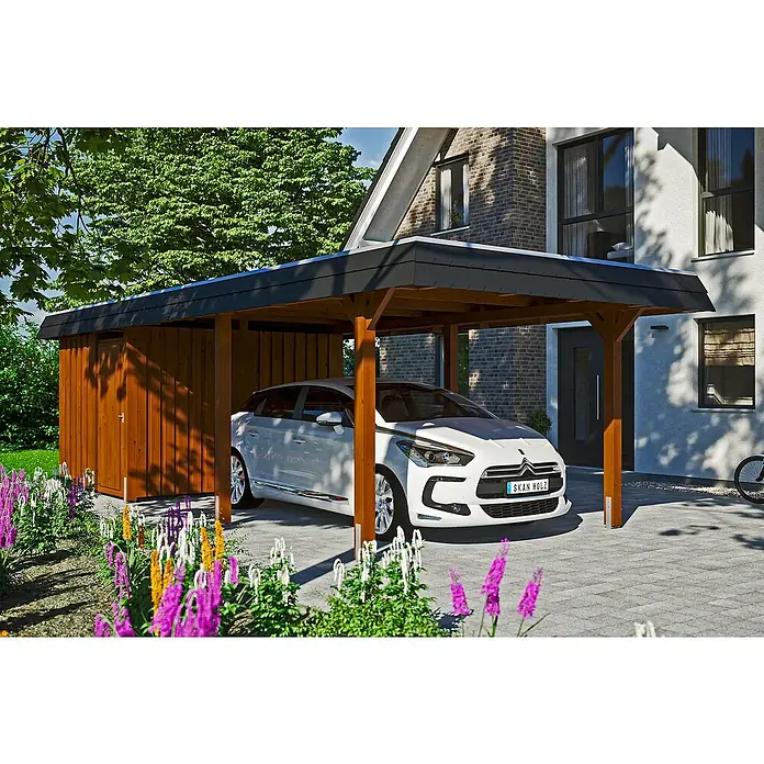 Skan Holz Carport Wendland - L x B: 870 x 362 cm, Einfahrtshöhe: 206 cm, Nussbaum/Schwarz, Materialspezifizierung Dach: EPDM-Folie - Anwendungsbeispiel